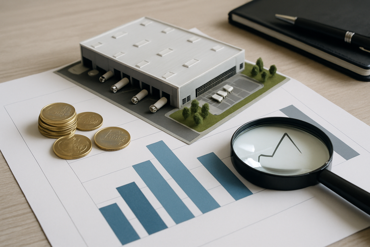 Nave logística moderna con gráficos de riesgo financiero y yields en España