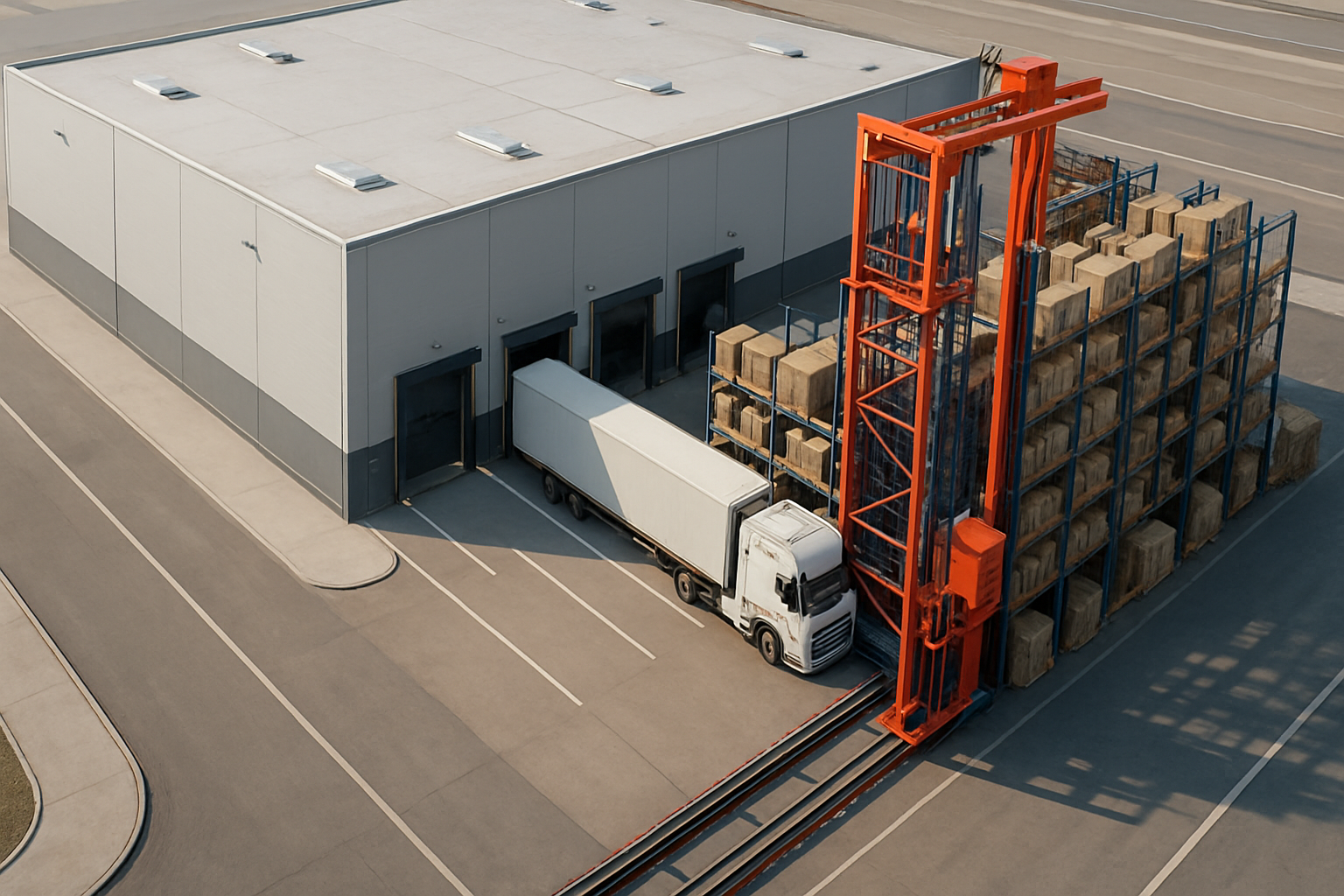 Nave logística automatizada con estanterías altas, pasillos shuttle y robots AMR en operación