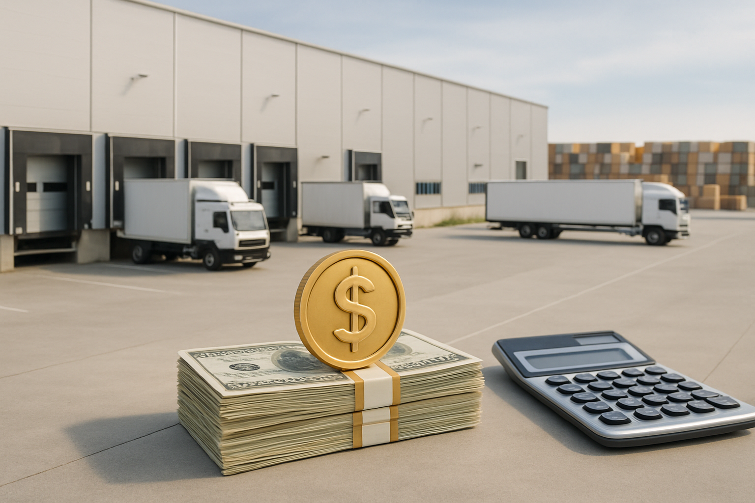 Nave logística moderna con gráfico de cash-on-cash y cálculos financieros