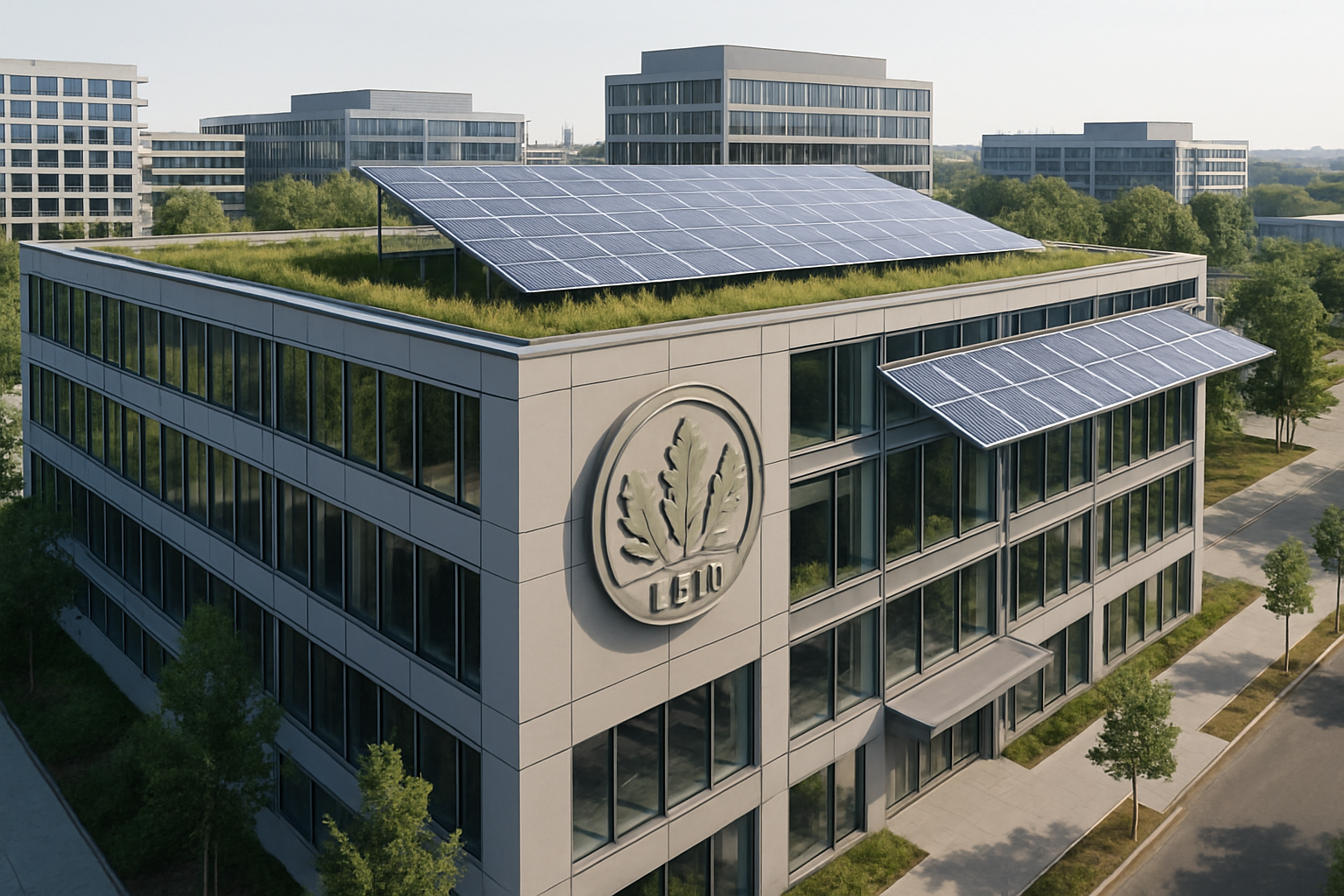 Nave logística moderna con paneles solares y certificación LEED