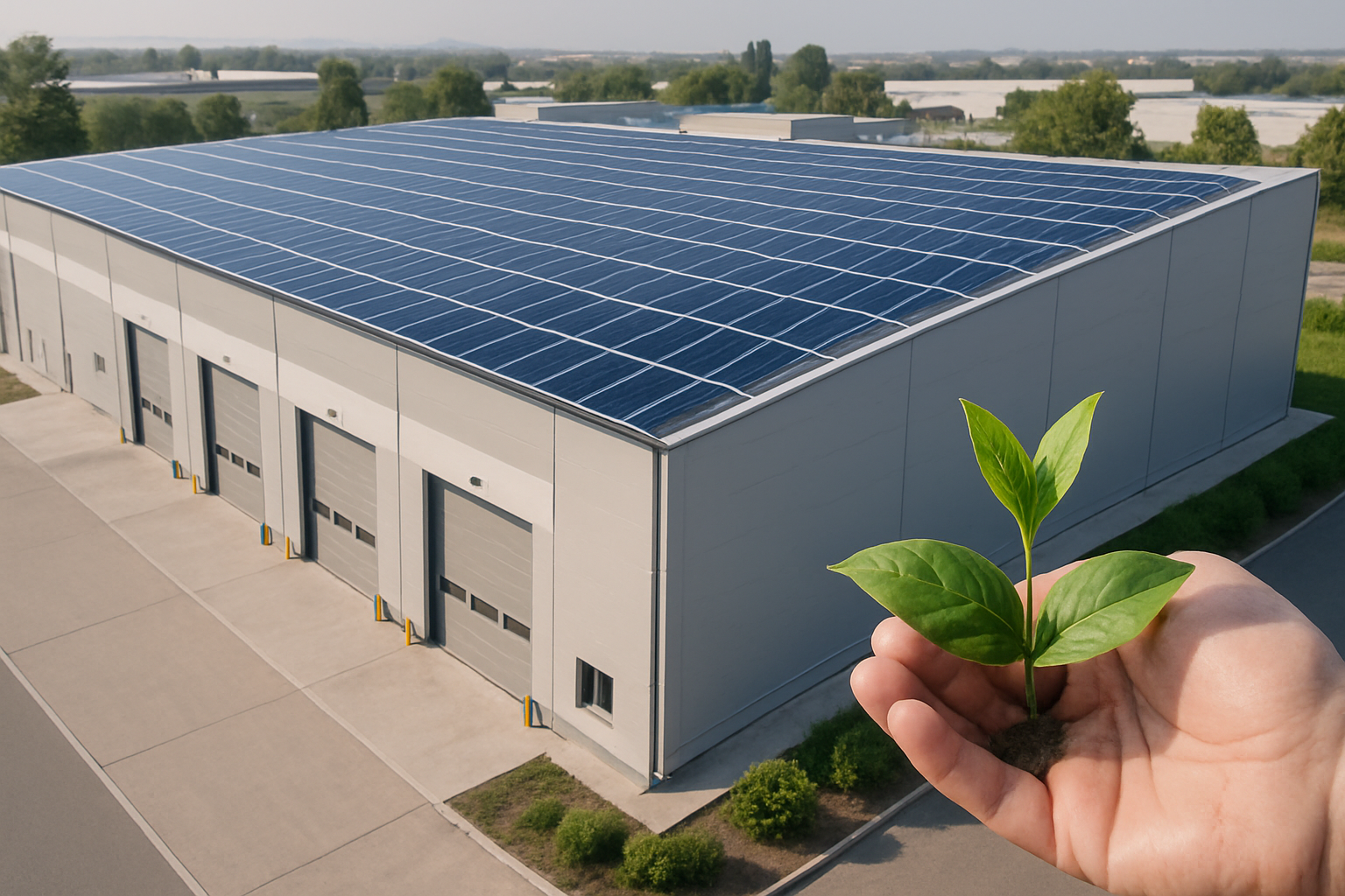 Nave logística con paneles solares y certificación verde para financiación sostenible