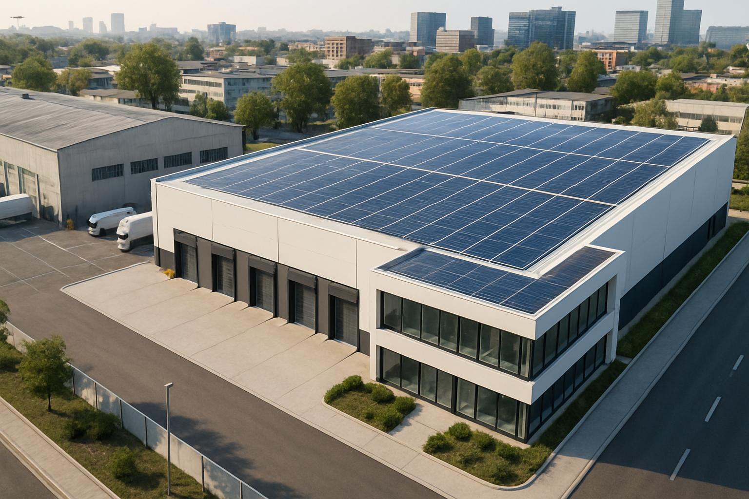 Nave logística reconvertida a estándar PRIME con paneles solares y muelles de carga