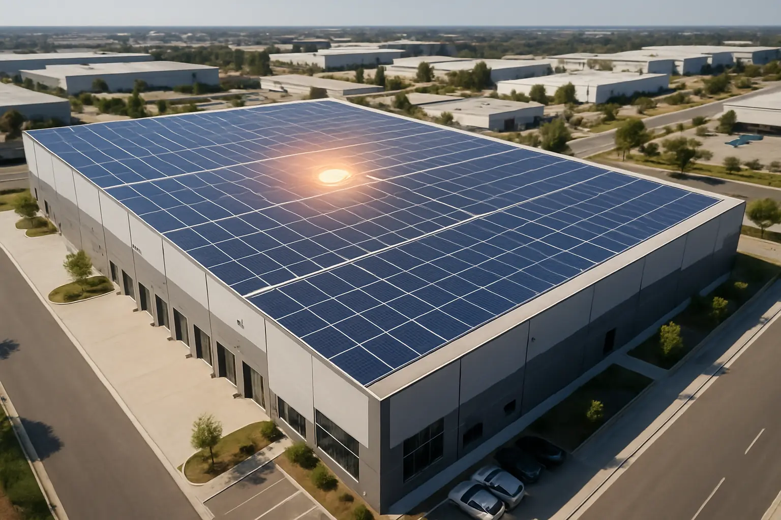 Paneles solares en cubierta de nave logística moderna en España