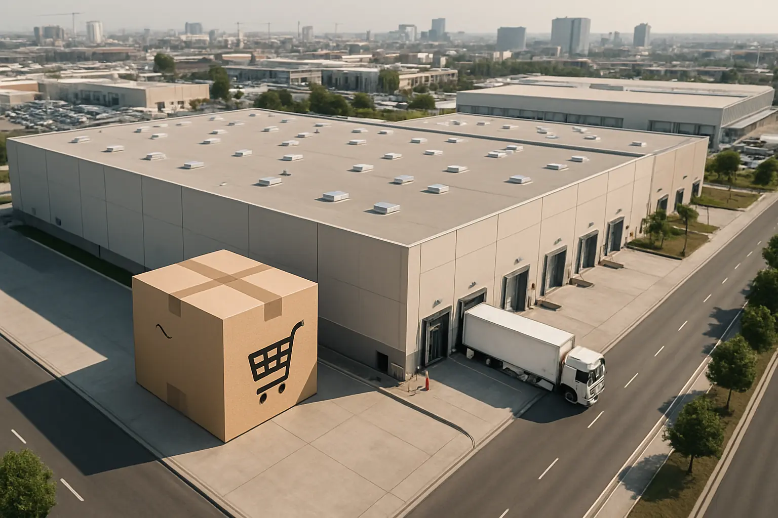 Nave logística moderna con actividad de comercio electrónico y robots de picking en España