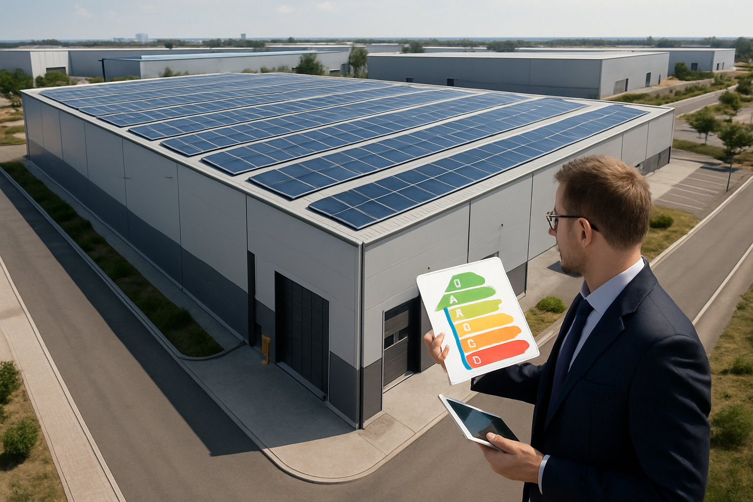 Nave logística con paneles solares, iluminación LED y medición de consumos energéticos