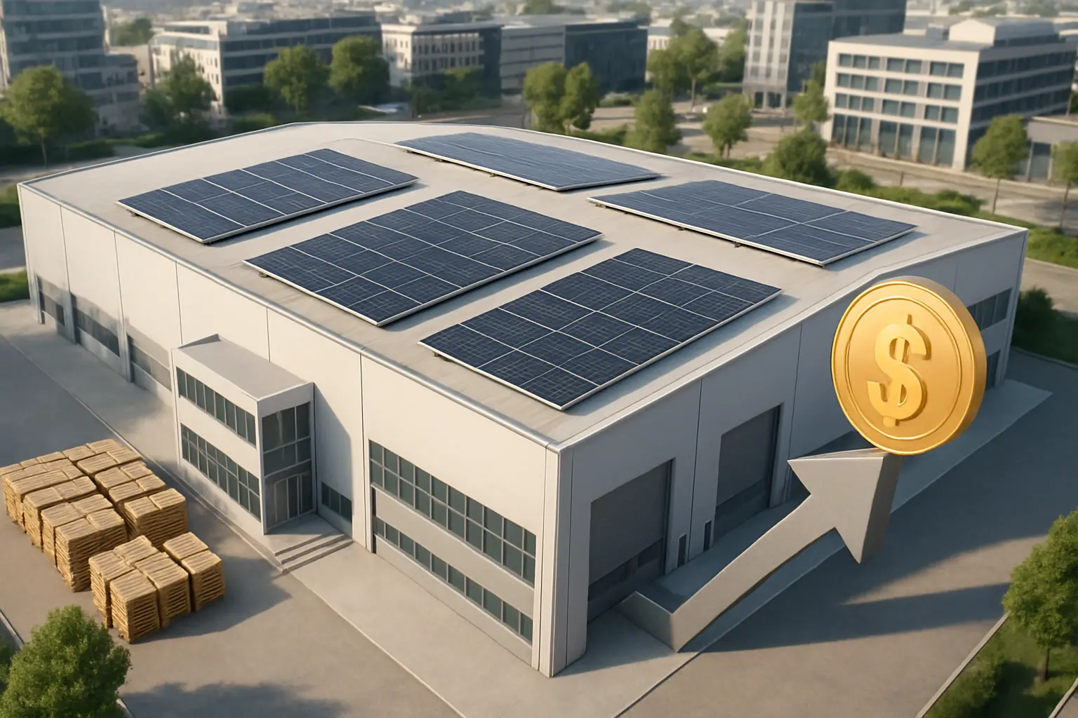 Paneles solares y muelle de carga en nave logística sostenible en España