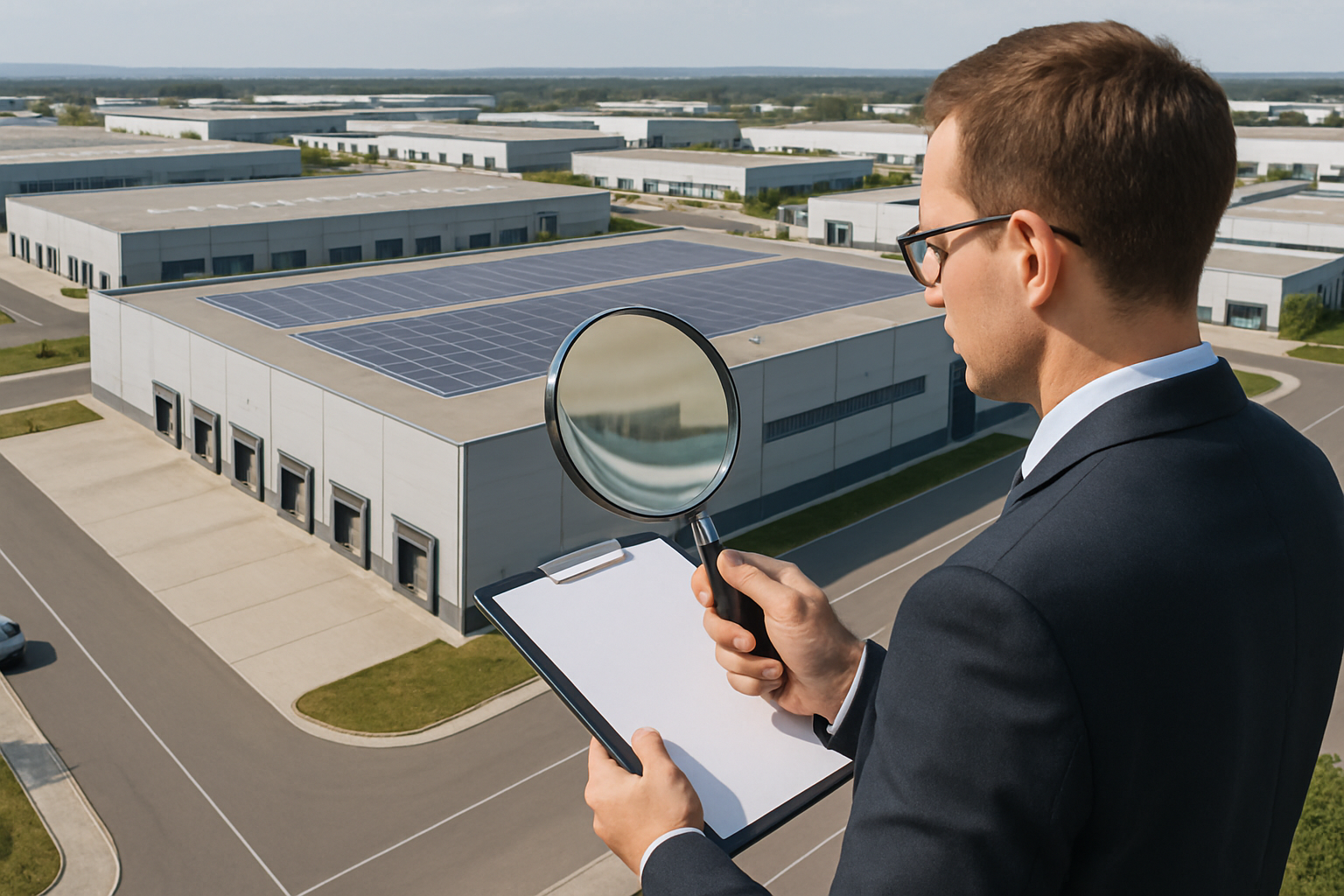 Inversor analizando un polígono industrial en España con accesos logísticos y naves
