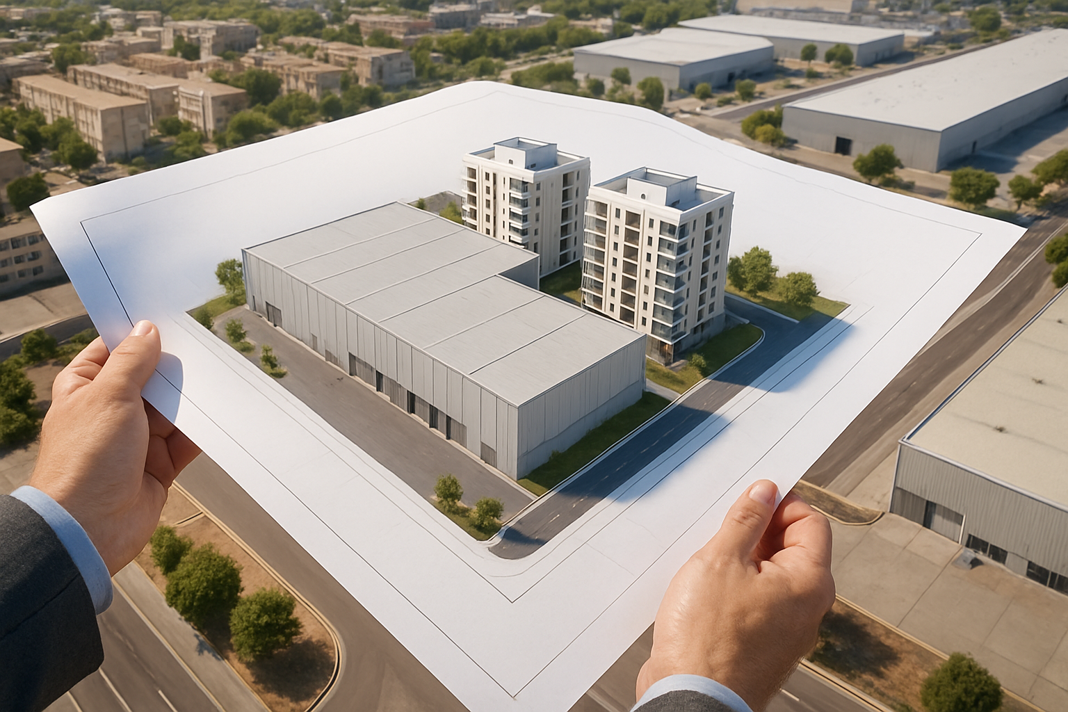 Nave logística y plano urbanístico ilustrando una recalificación a uso industrial en España