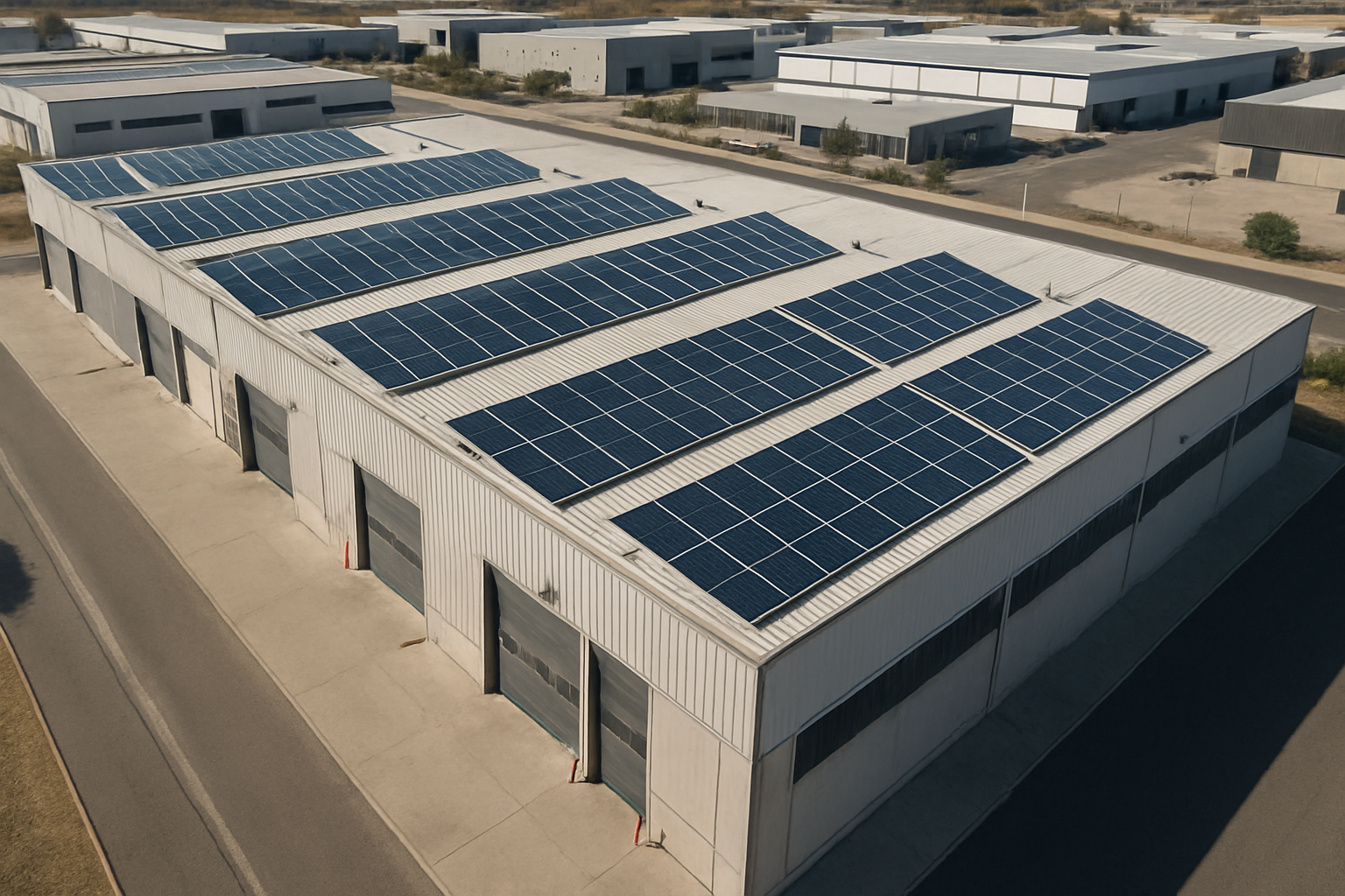 Nave logística antigua renovada con fotovoltaica, LED y mejoras de aislamiento