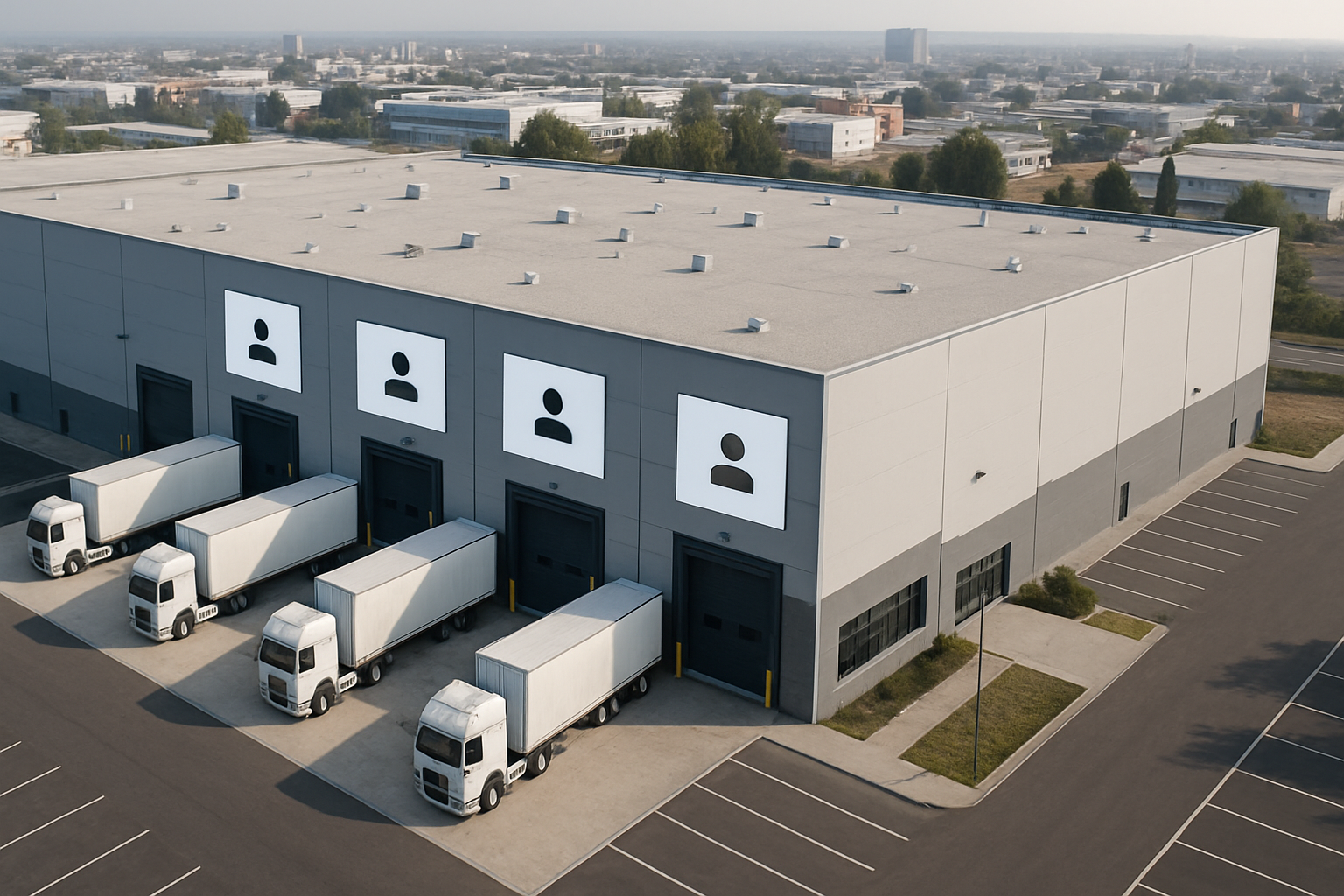Nave logística multinquilino con muelles de carga y flota en patio, parque logístico en España